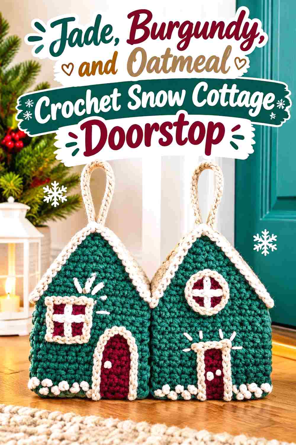 7. Jade Burgundy And Oatmeal Crochet Snow Cottage Doorstop