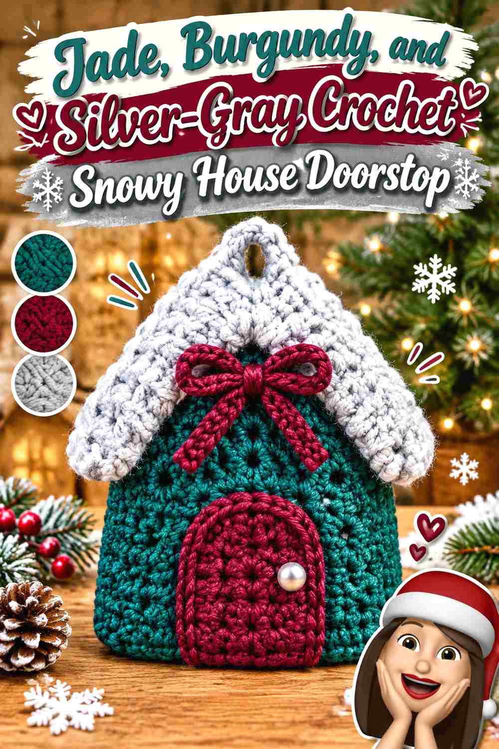 12. Jade Burgundy And Silver Gray Crochet Snowy House Doorstop