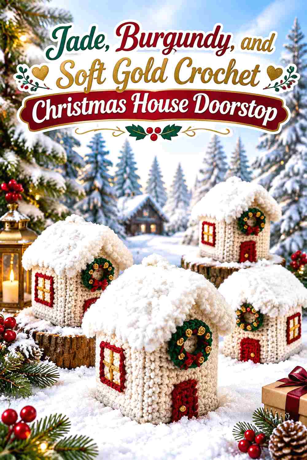 6. Jade Burgundy And Soft Gold Crochet Christmas House Doorstop