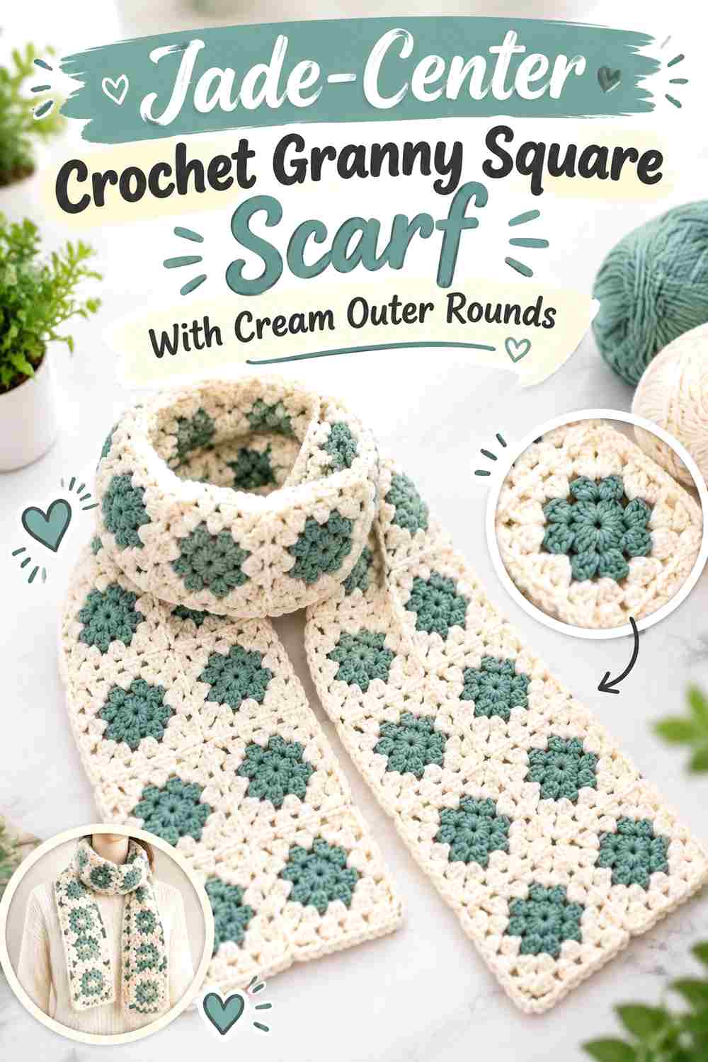 1. Jade Center Crochet Granny Square Scarf With Cream Outer Rounds