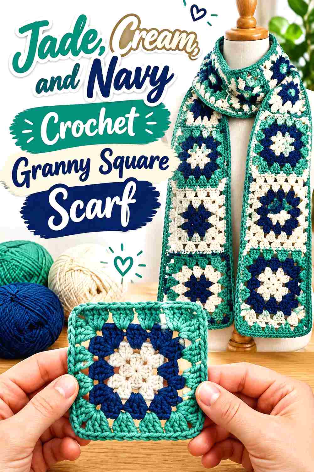 14. Jade Cream And Navy Crochet Granny Square Scarf