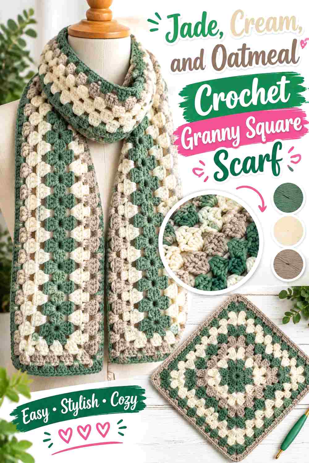 13. Jade Cream And Oatmeal Crochet Granny Square Scarf