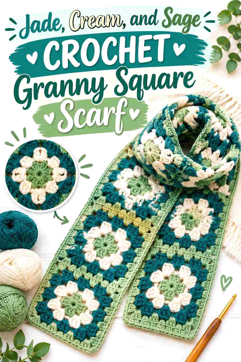 12. Jade Cream And Sage Crochet Granny Square Scarf