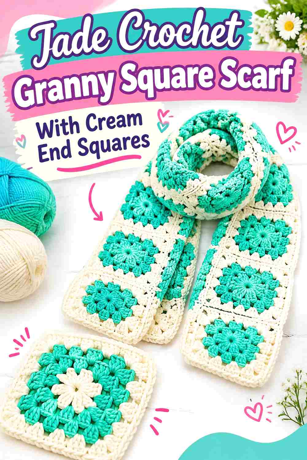 9. Jade Crochet Granny Square Scarf With Cream End Squares