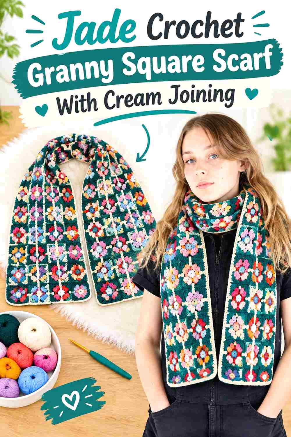 4. Jade Crochet Granny Square Scarf With Cream Joining