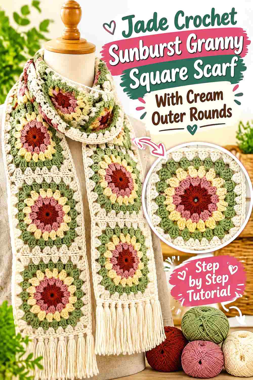 7. Jade Crochet Sunburst Granny Square Scarf With Cream Outer Rounds