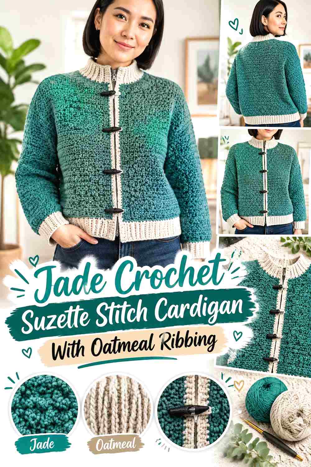 3. Jade Crochet Suzette Stitch Cardigan With Oatmeal Ribbing