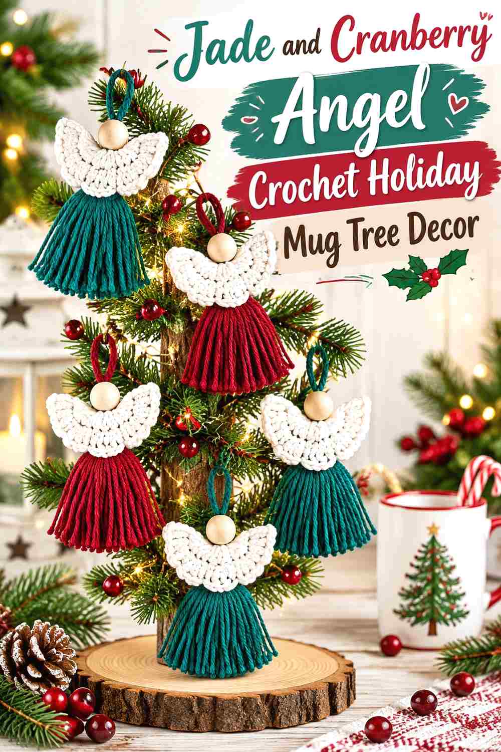 7. Jade And Cranberry Angel Crochet Holiday Mug Tree Decor
