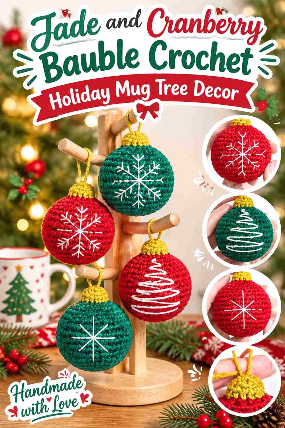 2. Jade And Cranberry Bauble Crochet Holiday Mug Tree Decor