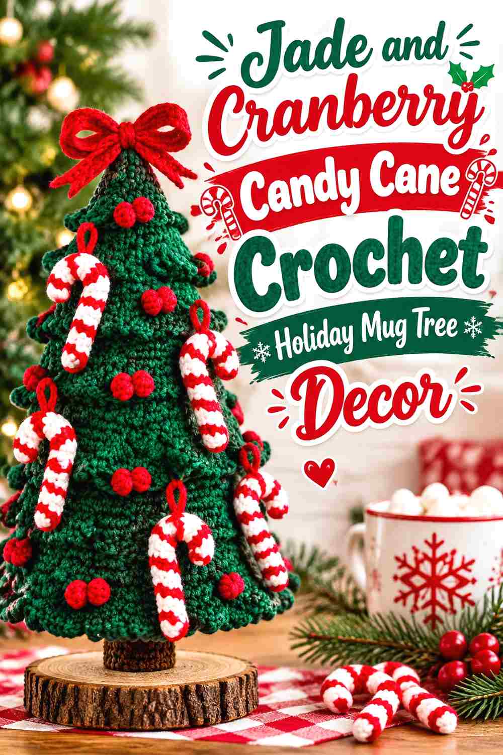 10. Jade And Cranberry Candy Cane Crochet Holiday Mug Tree Decor