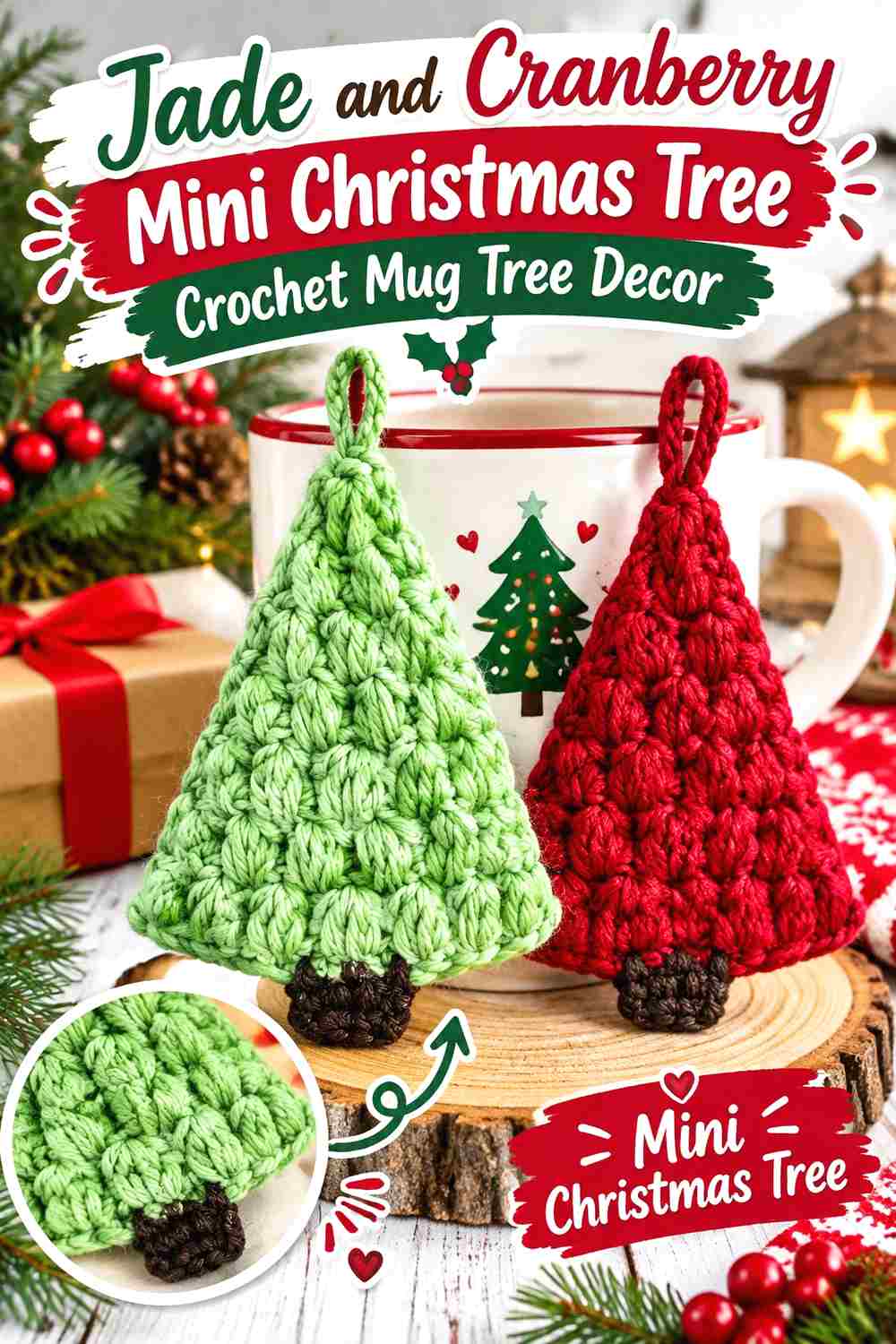 8. Jade And Cranberry Mini Christmas Tree Crochet Mug Tree Decor
