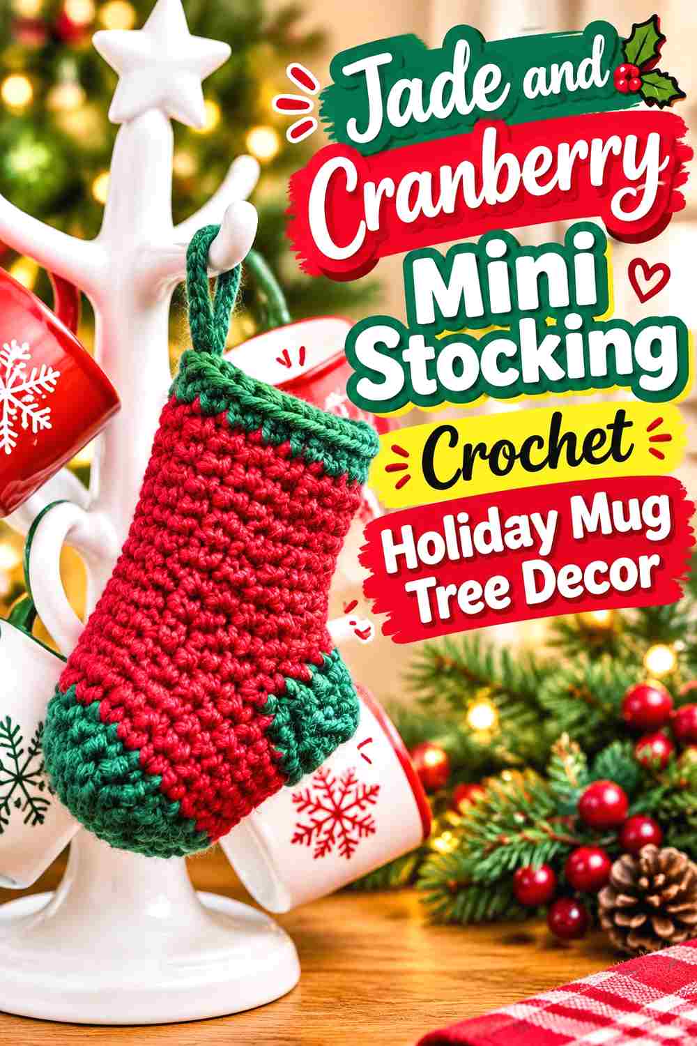 4. Jade And Cranberry Mini Stocking Crochet Holiday Mug Tree Decor