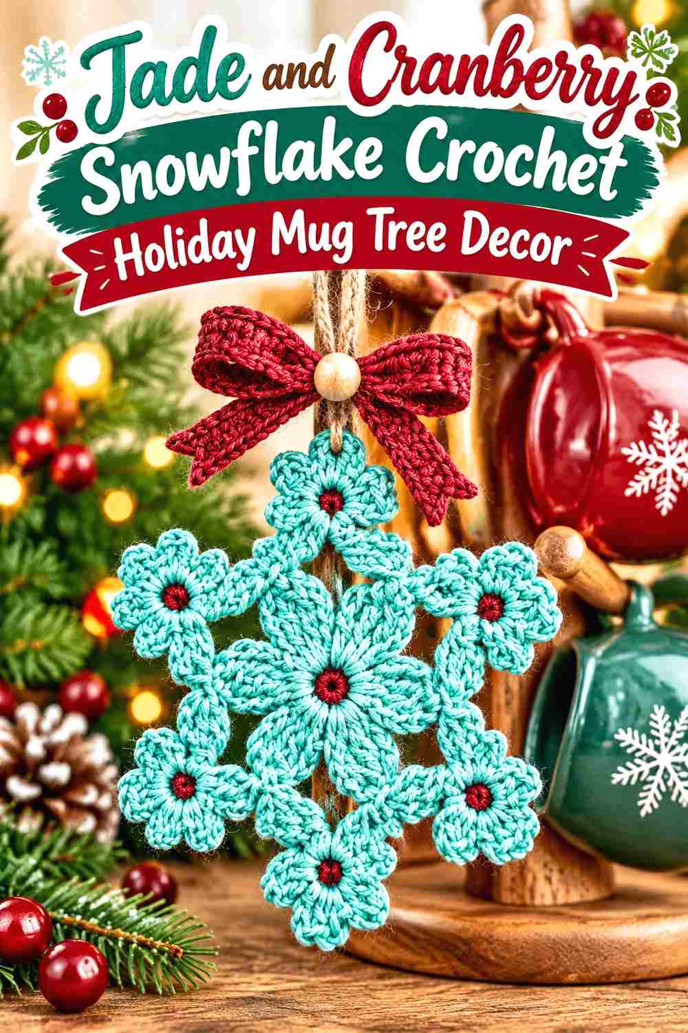 1. Jade And Cranberry Snowflake Crochet Holiday Mug Tree Decor
