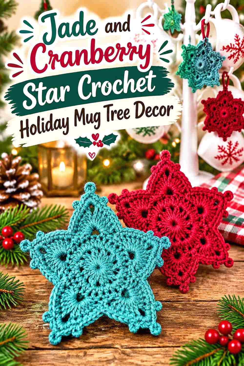 3. Jade And Cranberry Star Crochet Holiday Mug Tree Decor