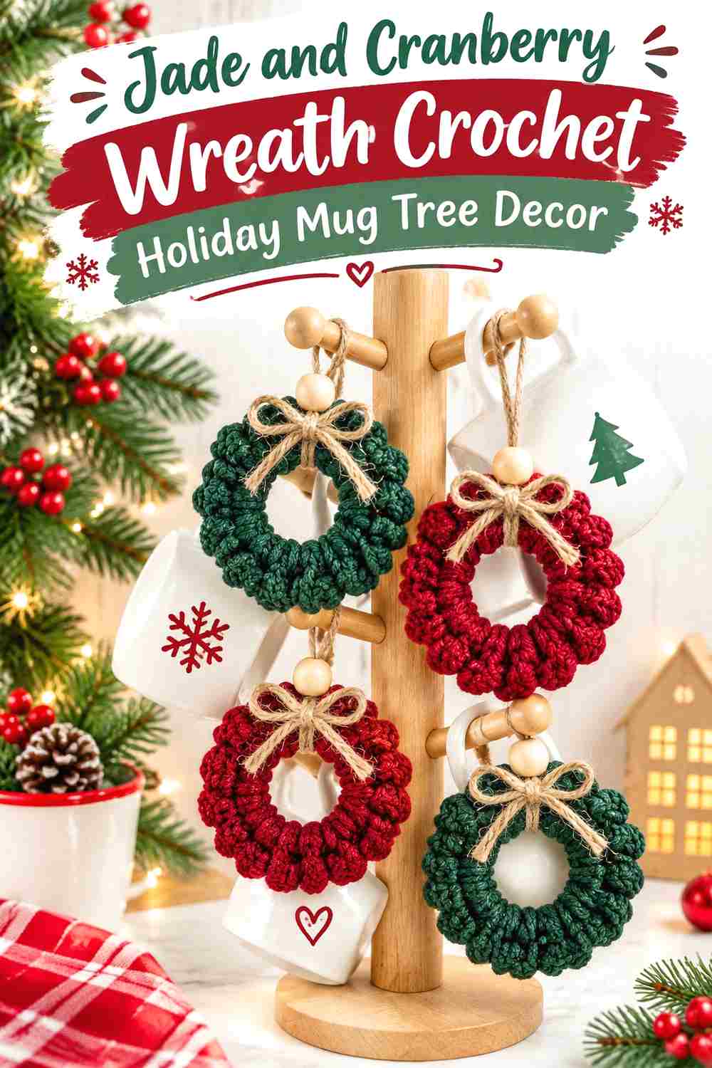 5. Jade And Cranberry Wreath Crochet Holiday Mug Tree Decor