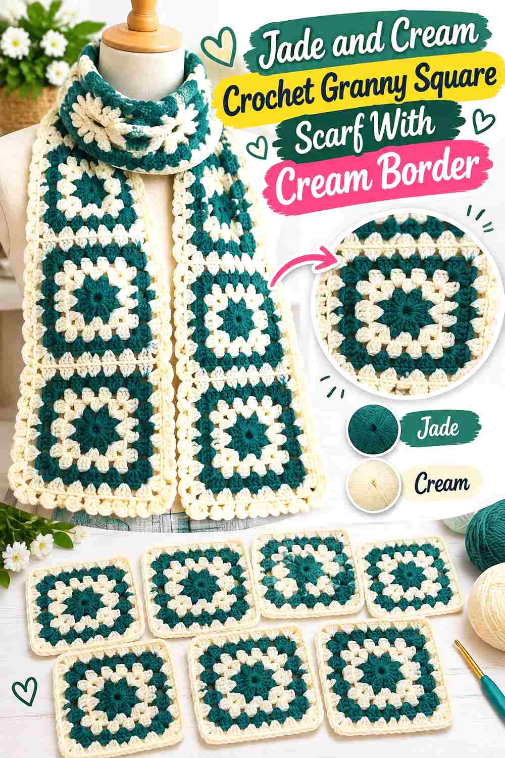 10. Jade And Cream Crochet Granny Square Scarf With Cream Border