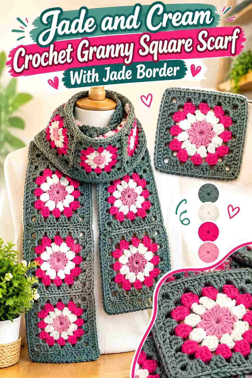 11. Jade And Cream Crochet Granny Square Scarf With Jade Border