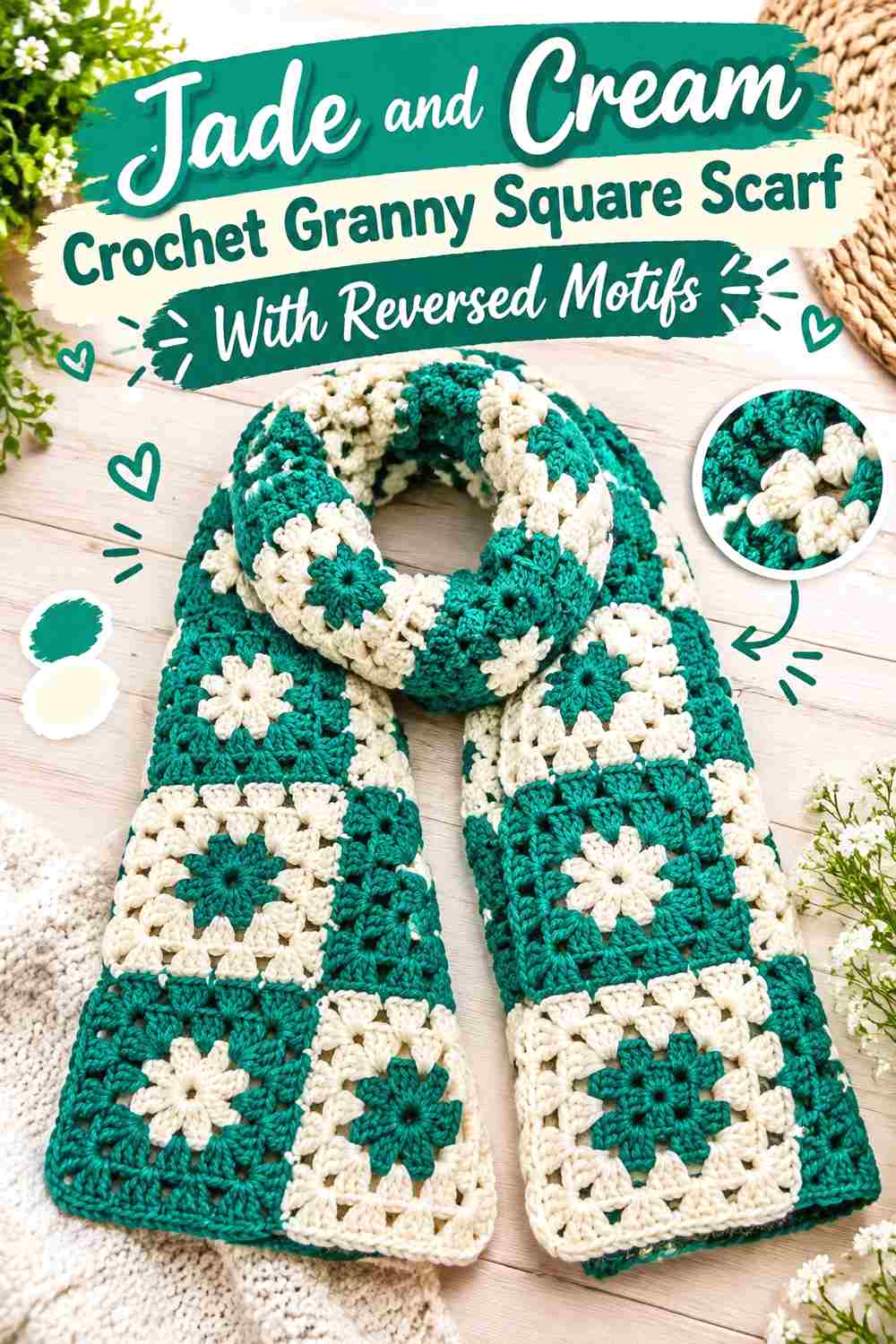 6. Jade And Cream Crochet Granny Square Scarf With Reversed Motifs