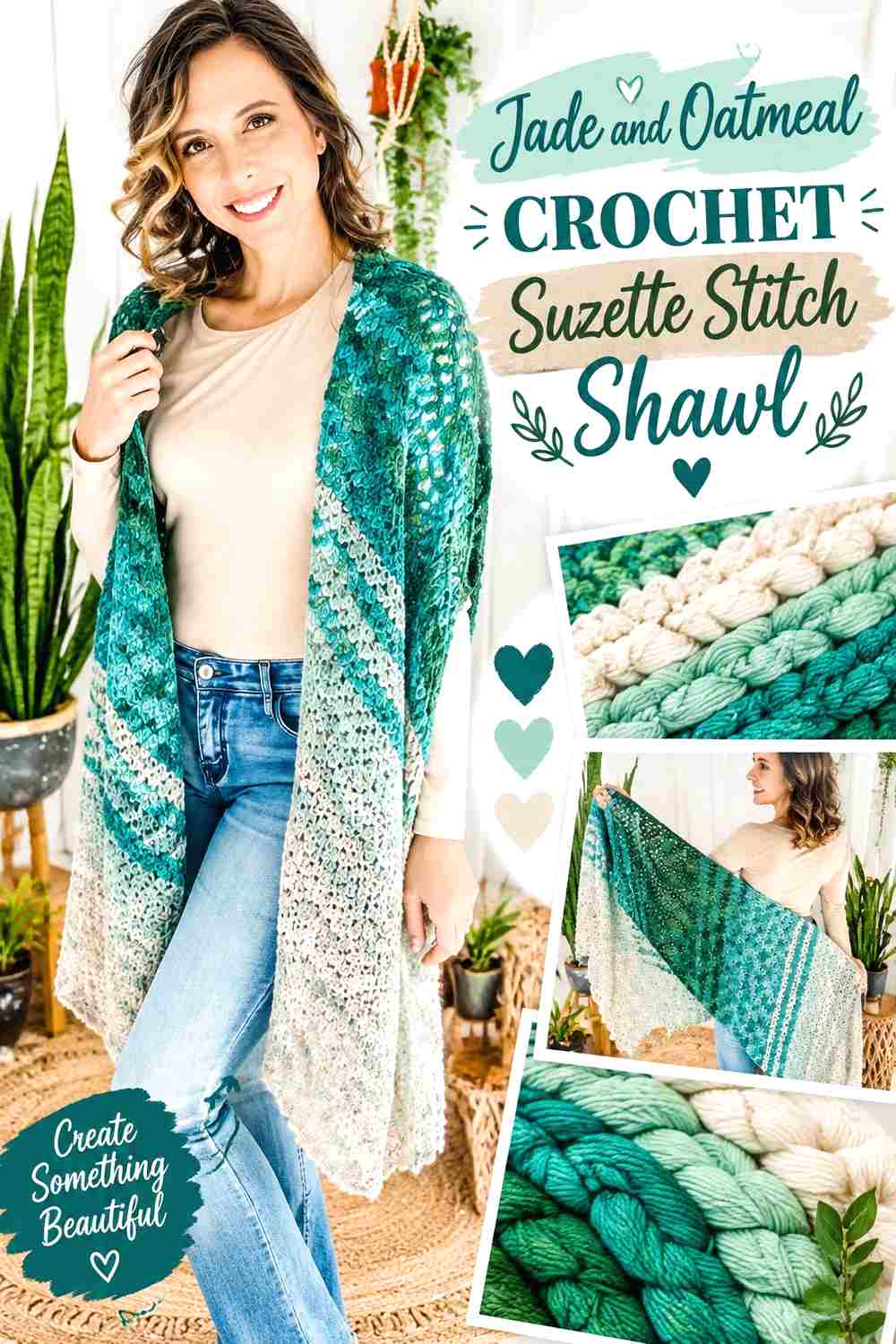 7. Jade And Oatmeal Crochet Suzette Stitch Shawl