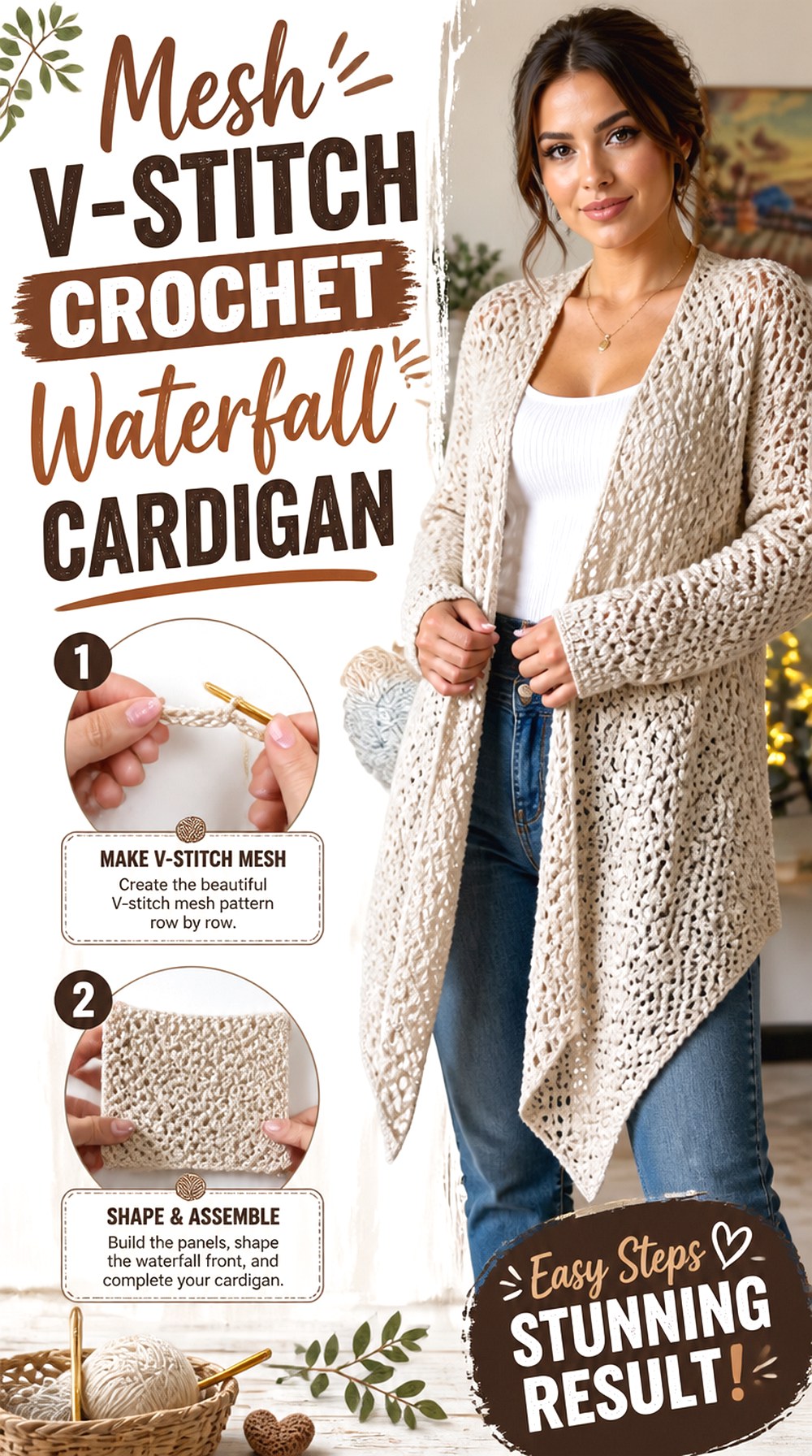 Mesh V Stitch Crochet Waterfall Cardigan