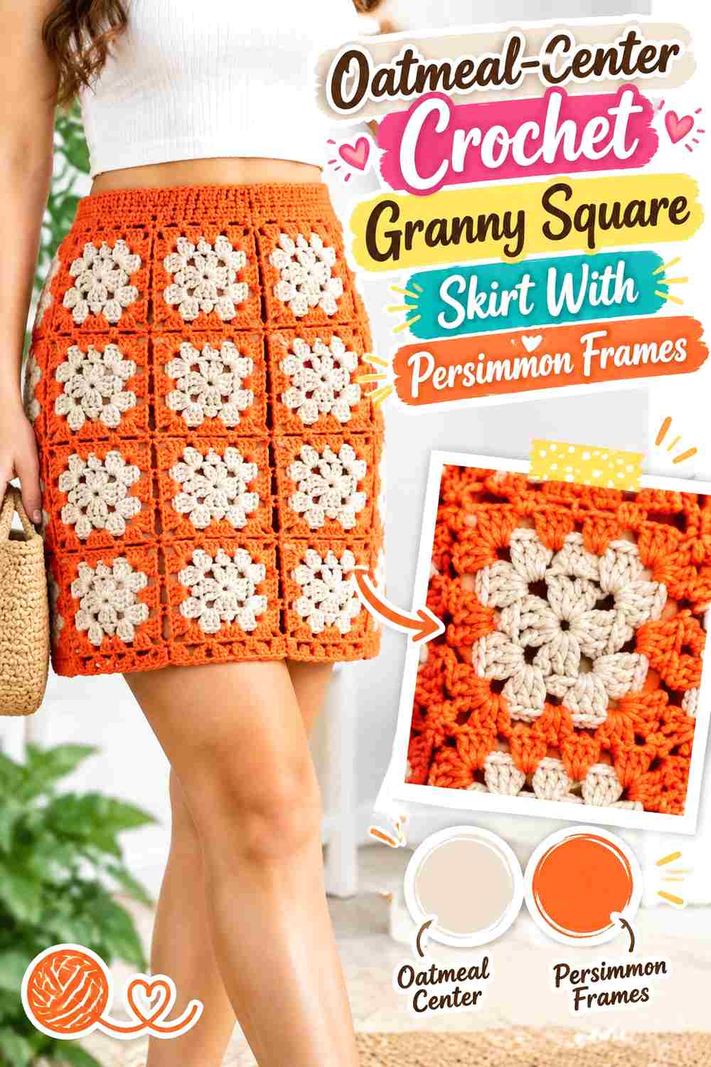 2. Oatmeal Center Crochet Granny Square Skirt With Persimmon Frames