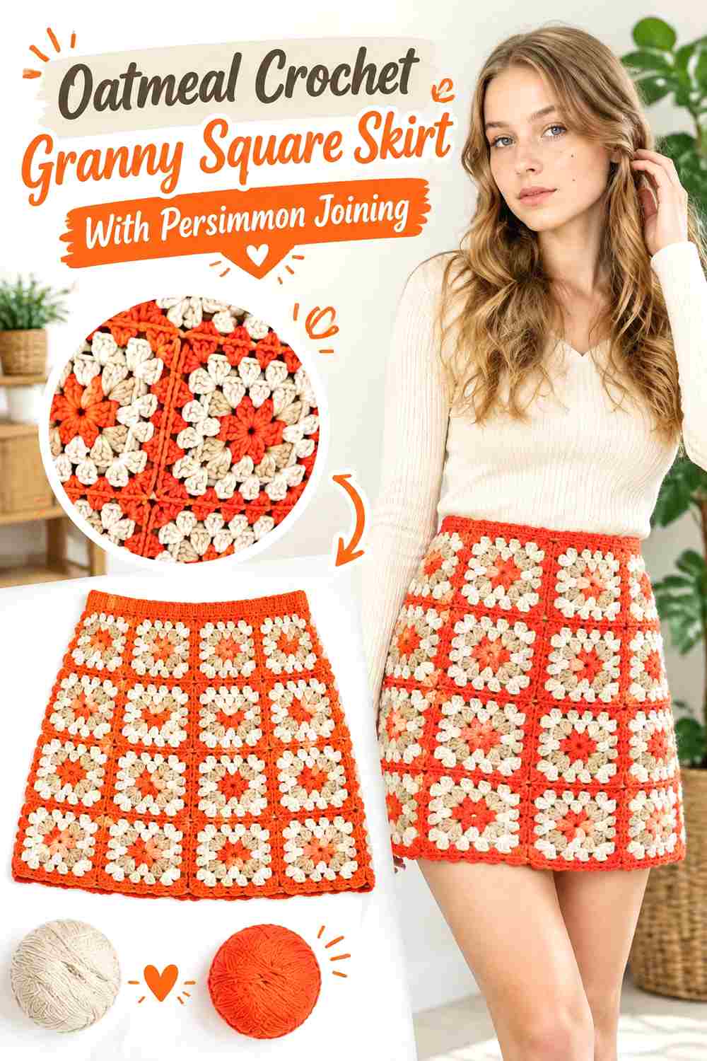 5. Oatmeal Crochet Granny Square Skirt With Persimmon Joining