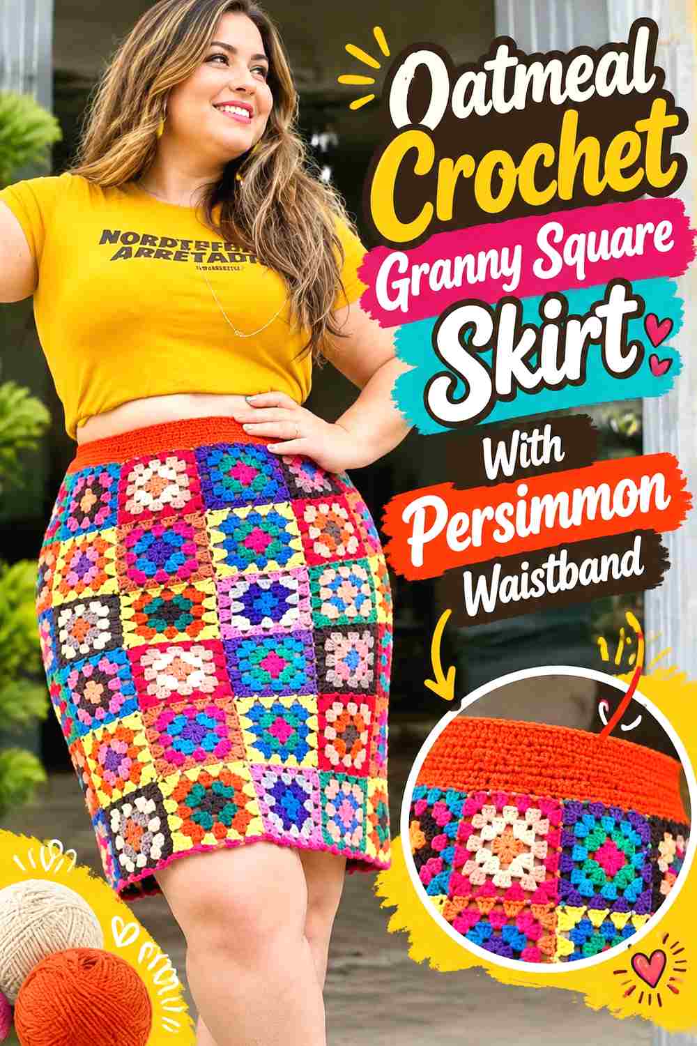 8. Oatmeal Crochet Granny Square Skirt With Persimmon Waistband