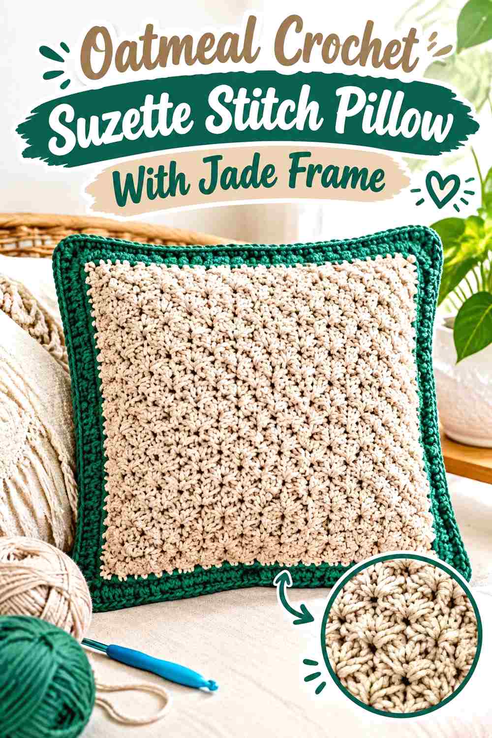 6. Oatmeal Crochet Suzette Stitch Pillow With Jade Frame