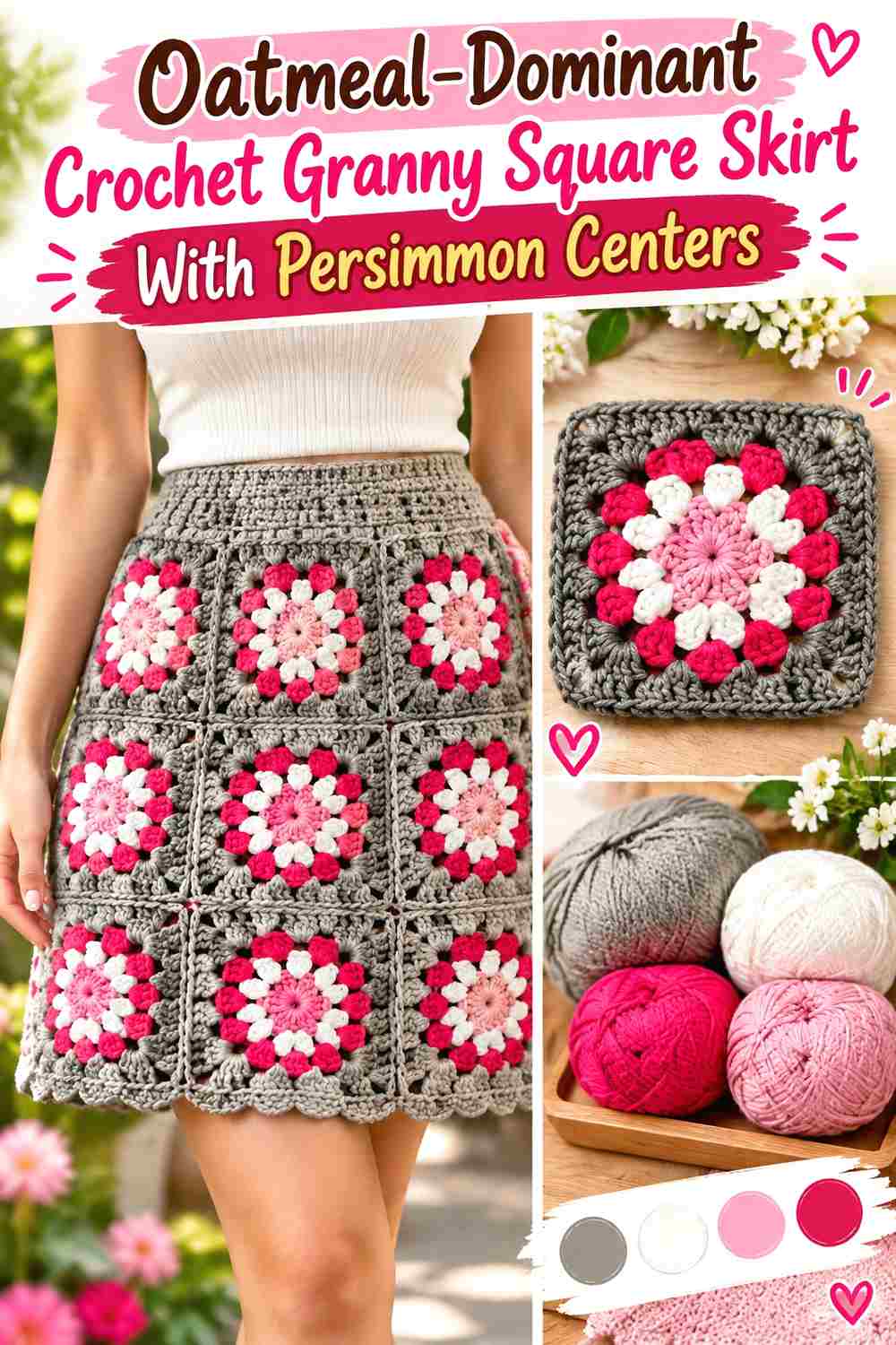 13. Oatmeal Dominant Crochet Granny Square Skirt With Persimmon Centers