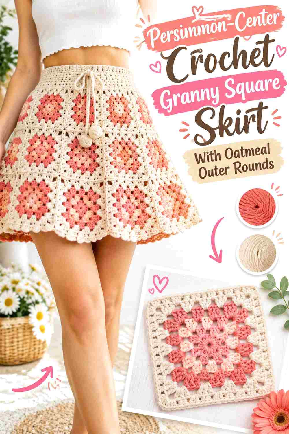 1. Persimmon Center Crochet Granny Square Skirt With Oatmeal Outer Rounds