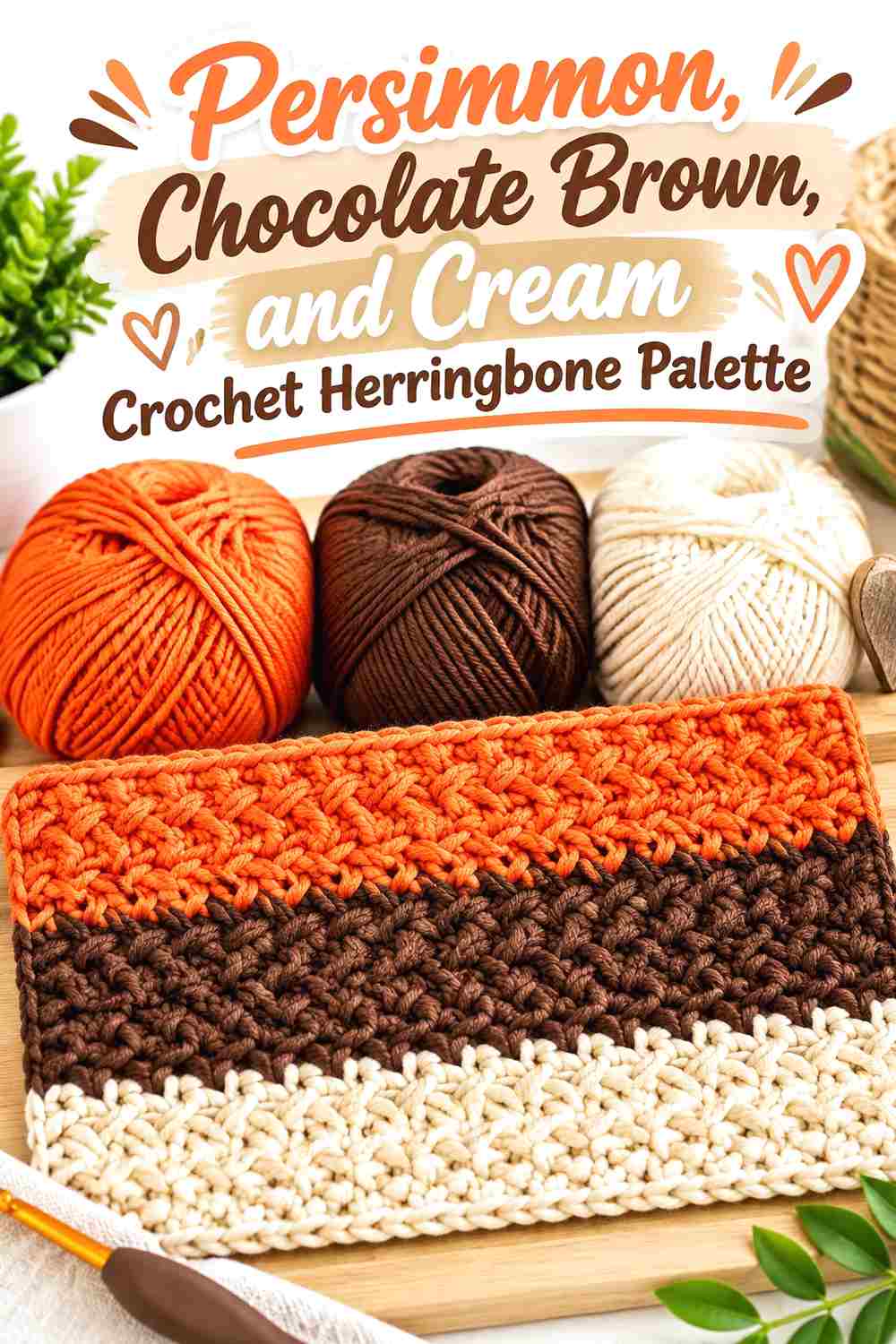 14. Persimmon Chocolate Brown And Cream Crochet Herringbone Palette