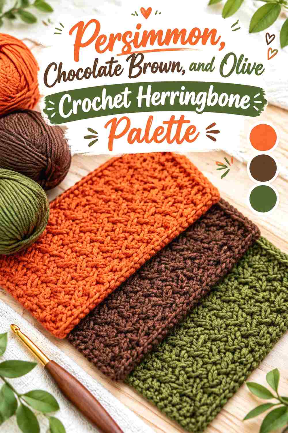 13. Persimmon Chocolate Brown And Olive Crochet Herringbone Palette