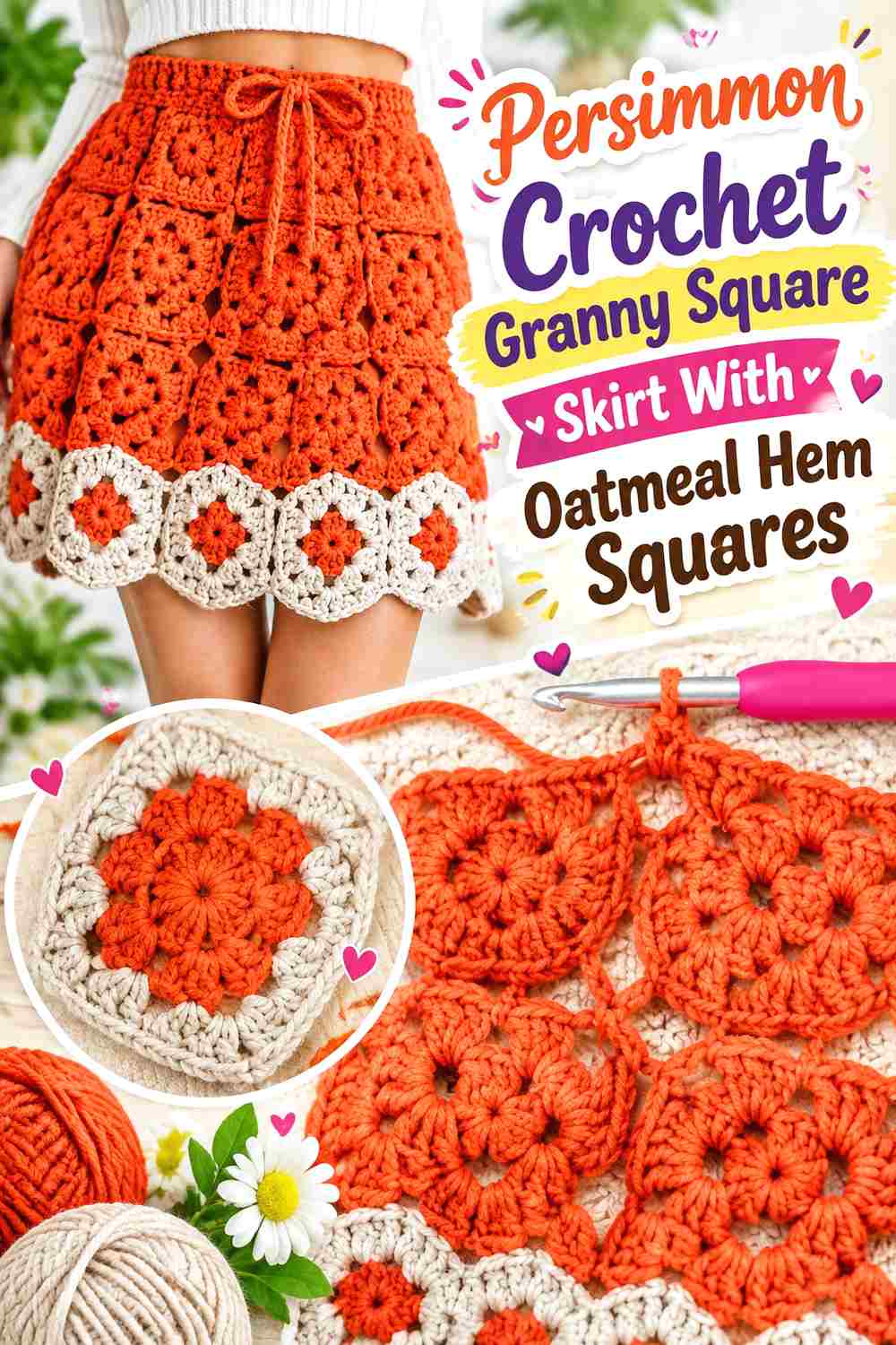 9. Persimmon Crochet Granny Square Skirt With Oatmeal Hem Squares
