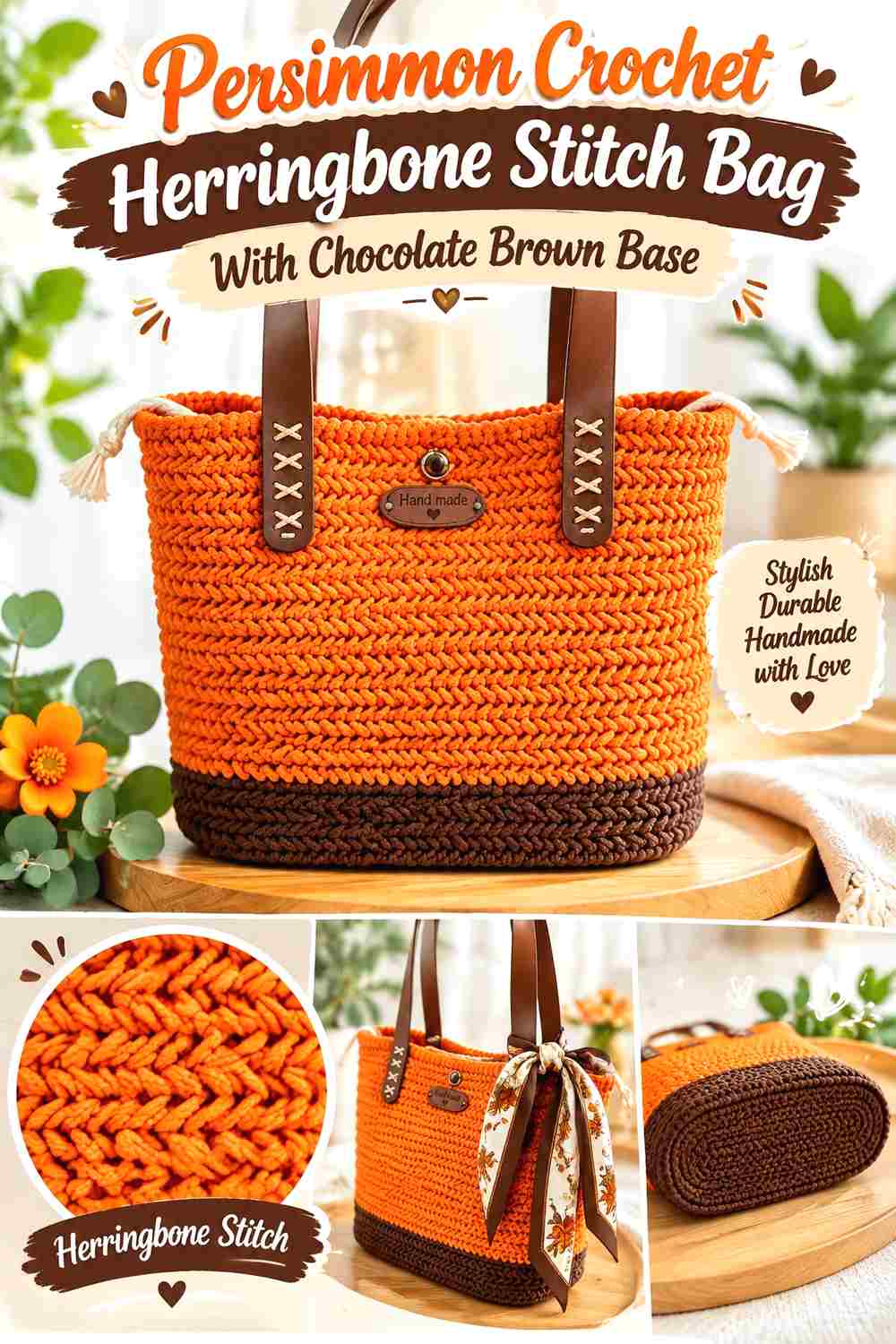 6. Persimmon Crochet Herringbone Stitch Bag With Chocolate Brown Base
