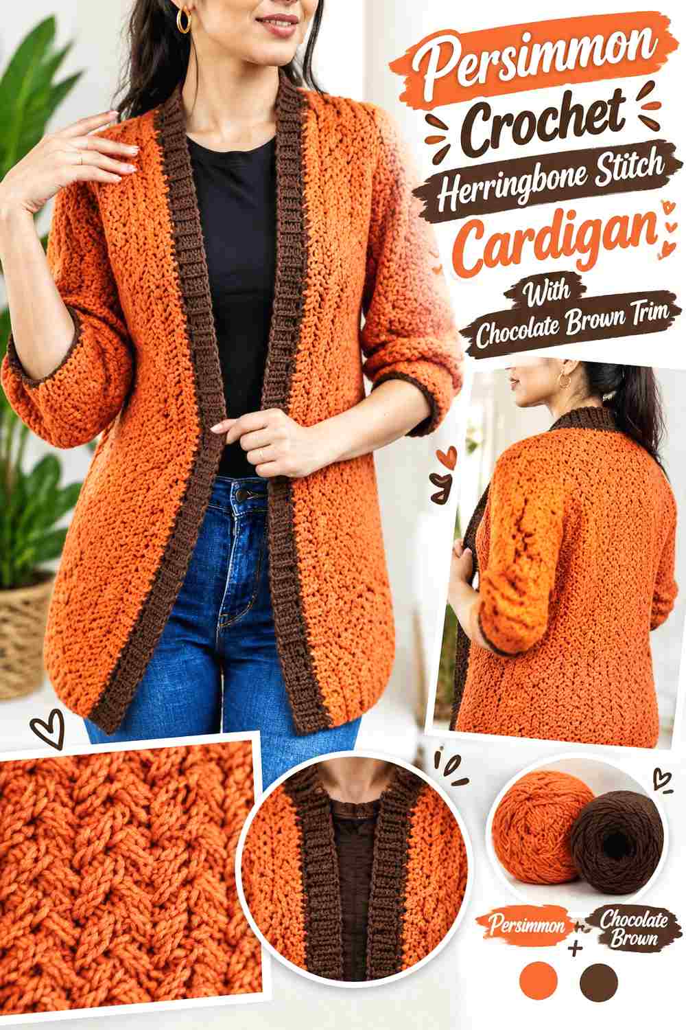 3. Persimmon Crochet Herringbone Stitch Cardigan With Chocolate Brown Trim