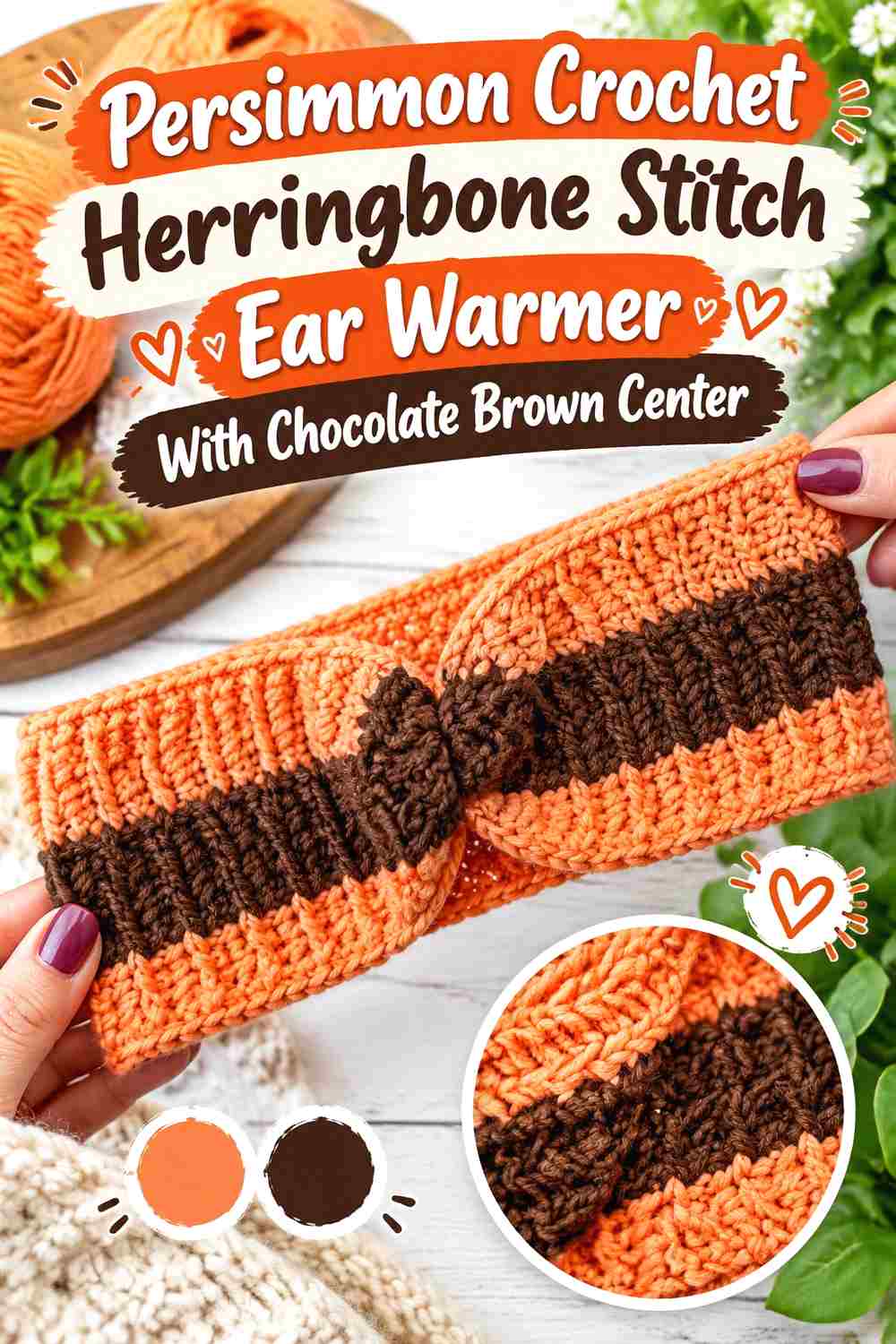 8. Persimmon Crochet Herringbone Stitch Ear Warmer With Chocolate Brown Center