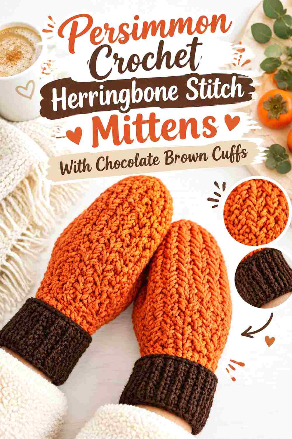 10. Persimmon Crochet Herringbone Stitch Mittens With Chocolate Brown Cuffs