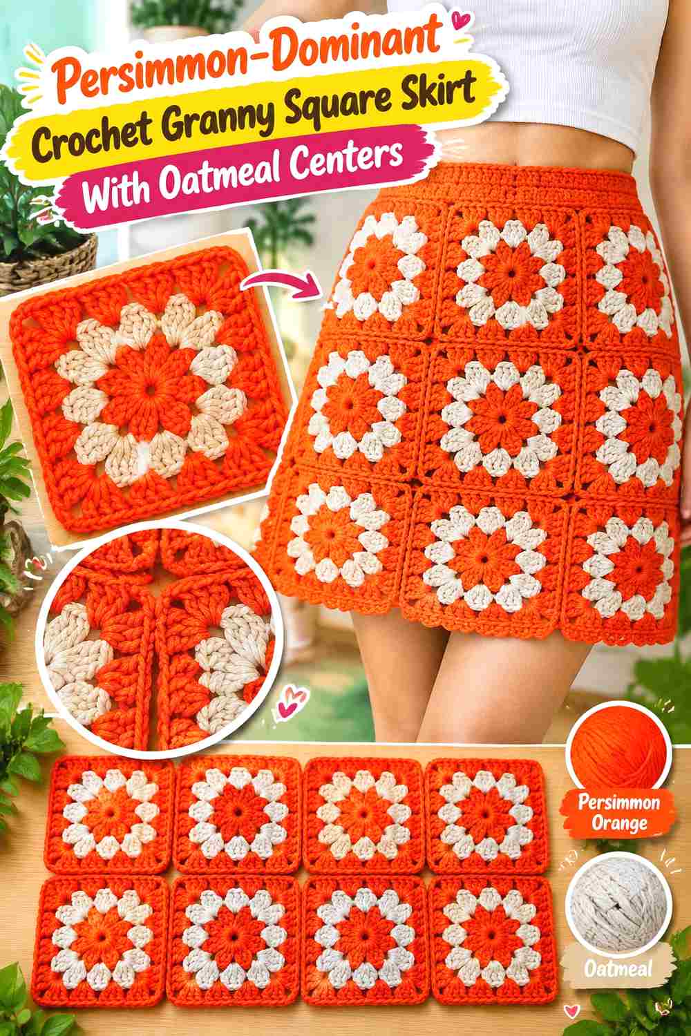 12. Persimmon Dominant Crochet Granny Square Skirt With Oatmeal Centers