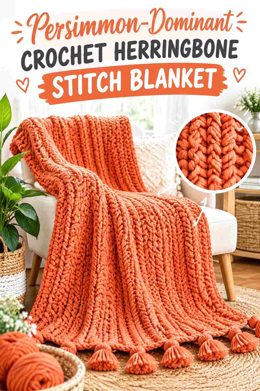 1. Persimmon Dominant Crochet Herringbone Stitch Blanket