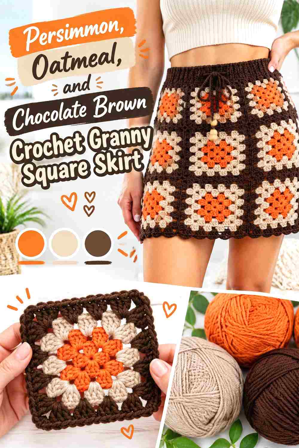 15. Persimmon Oatmeal And Chocolate Brown Crochet Granny Square Skirt
