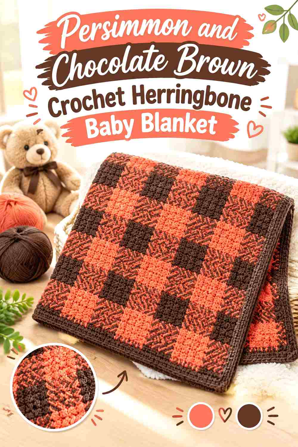 12. Persimmon And Chocolate Brown Crochet Herringbone Baby Blanket