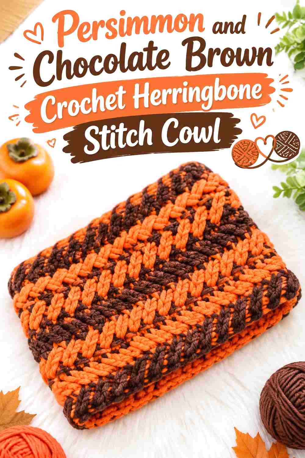 5. Persimmon And Chocolate Brown Crochet Herringbone Stitch Cowl