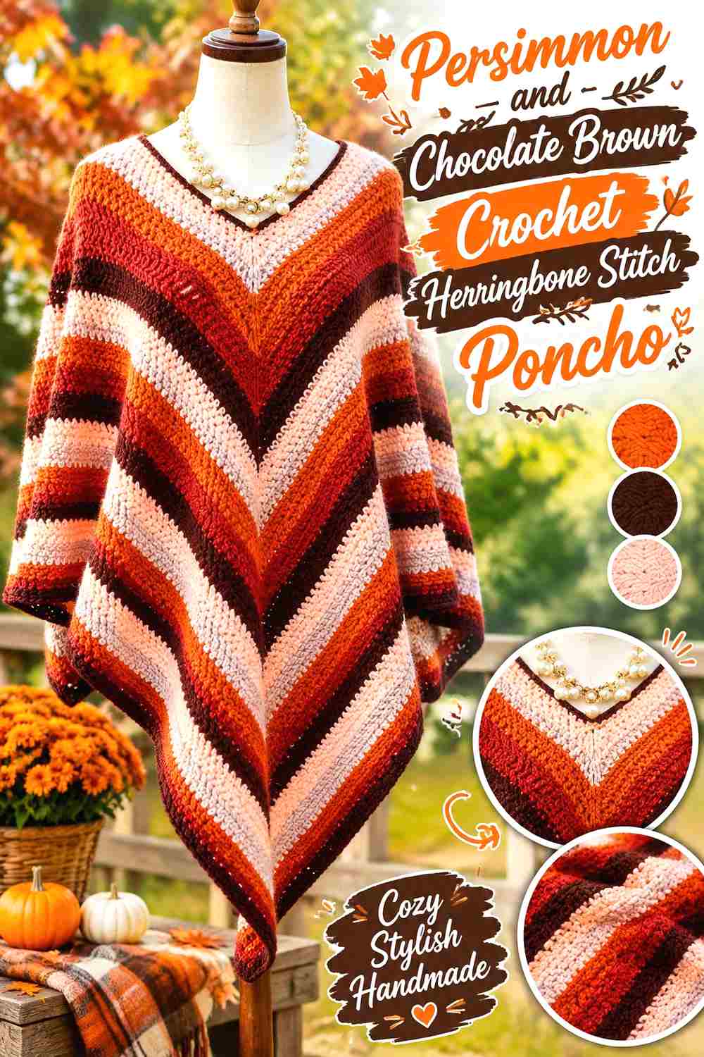 9. Persimmon And Chocolate Brown Crochet Herringbone Stitch Poncho