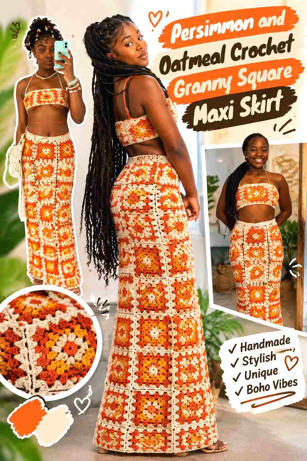 6. Persimmon And Oatmeal Crochet Granny Square Maxi Skirt