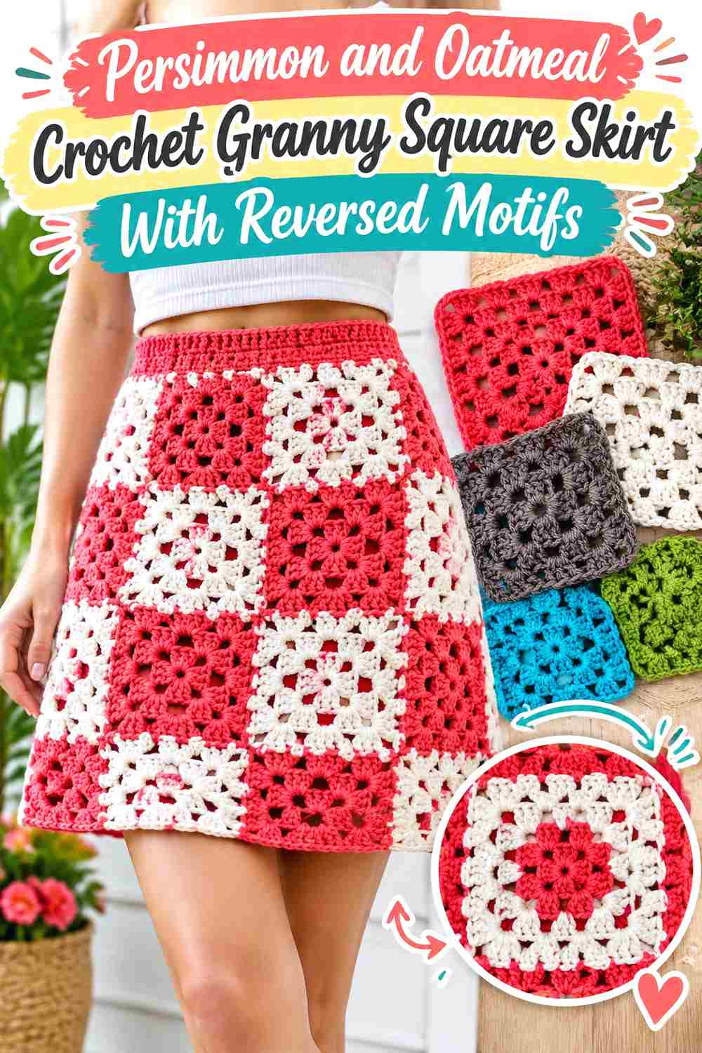 11. Persimmon And Oatmeal Crochet Granny Square Skirt With Reversed Motifs