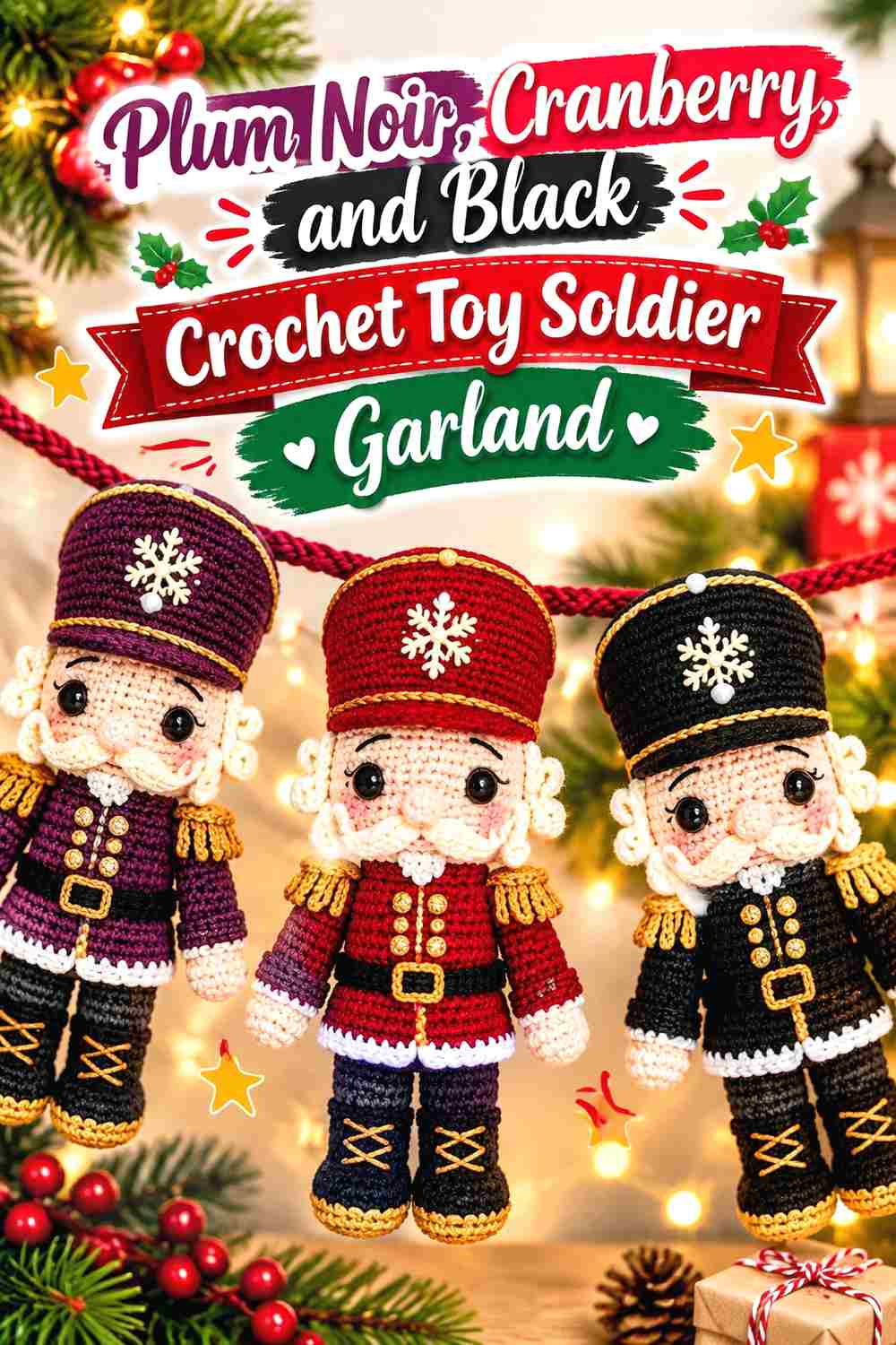 10. Plum Noir Cranberry And Black Crochet Toy Soldier Garland
