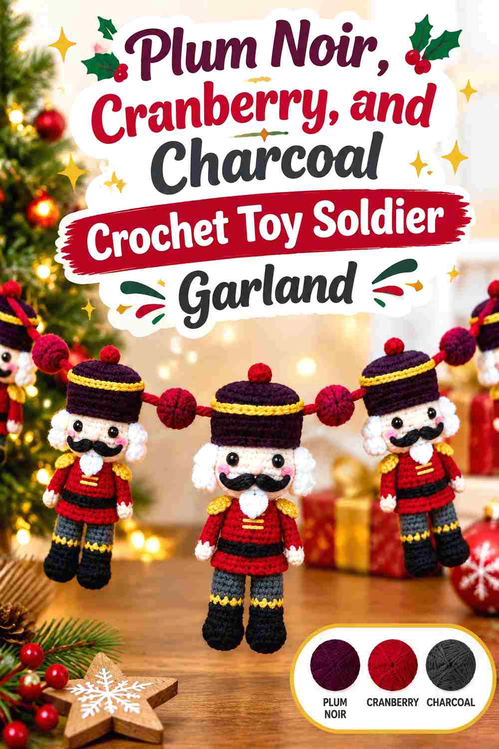 3. Plum Noir Cranberry And Charcoal Crochet Toy Soldier Garland