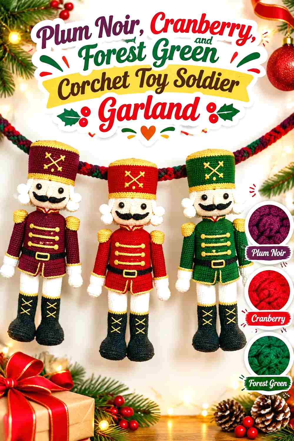 7. Plum Noir Cranberry And Forest Green Crochet Toy Soldier Garland