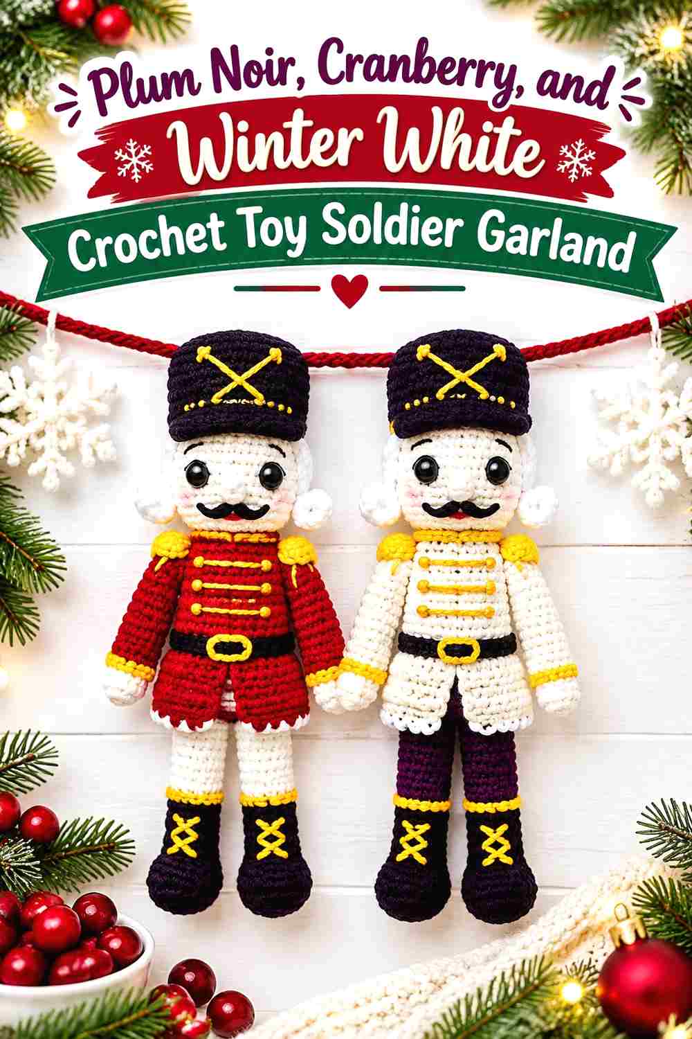 6. Plum Noir Cranberry And Winter White Crochet Toy Soldier Garland