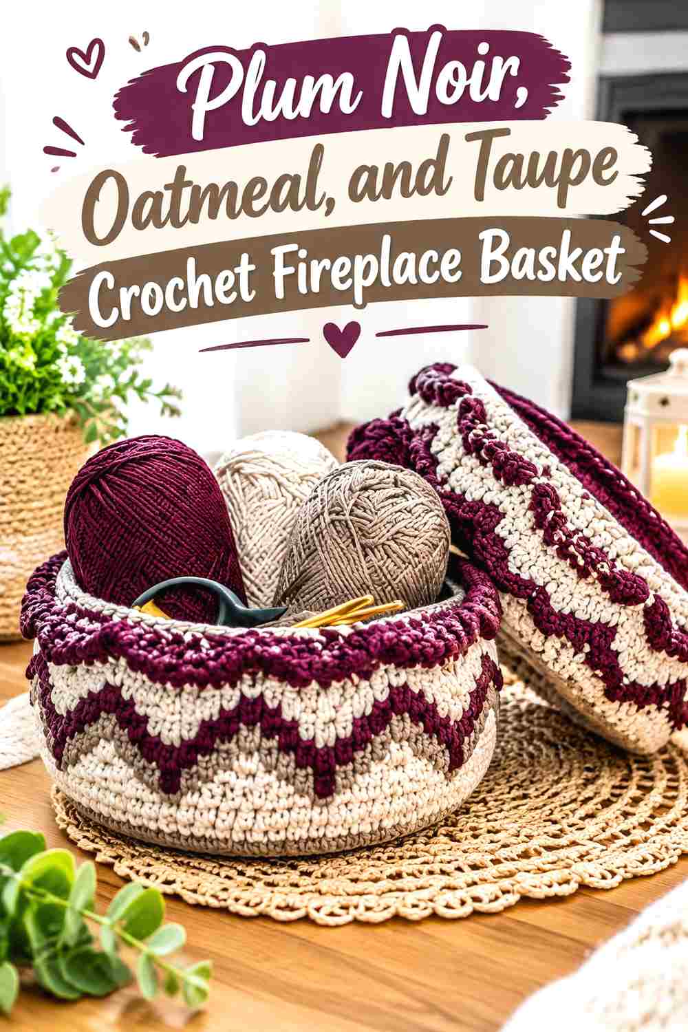 13. Plum Noir Oatmeal And Taupe Crochet Fireplace Basket